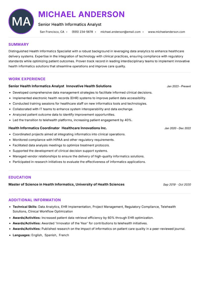 Health Informatics Specialist resume example — ATS-friendly template