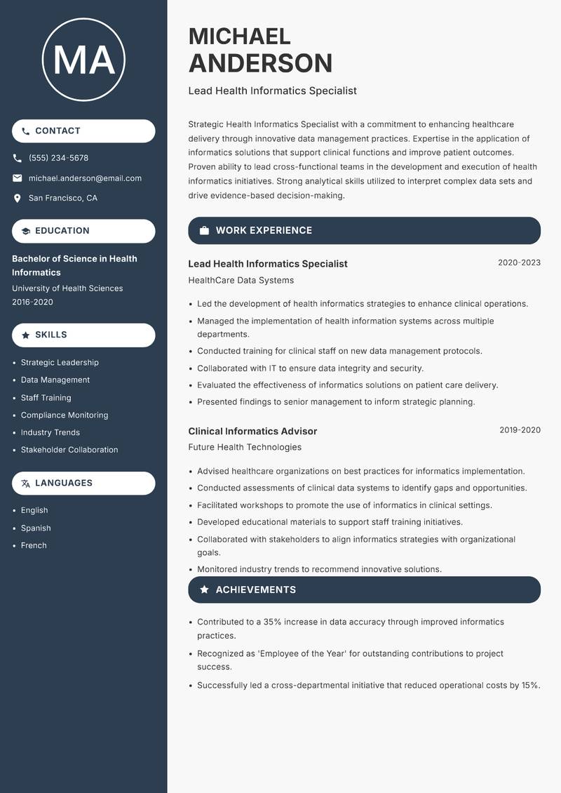 Health Informatics Specialist resume template — Compact