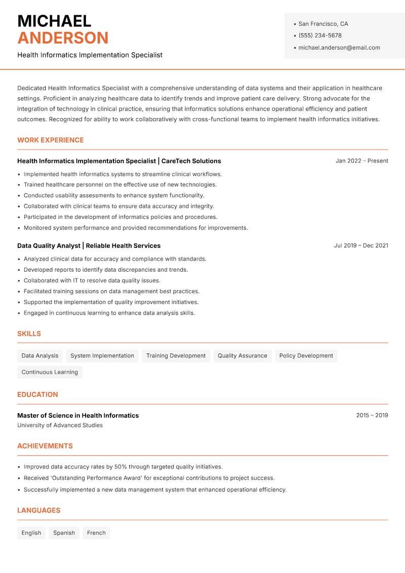 Health Informatics Specialist resume template — Modern Professional