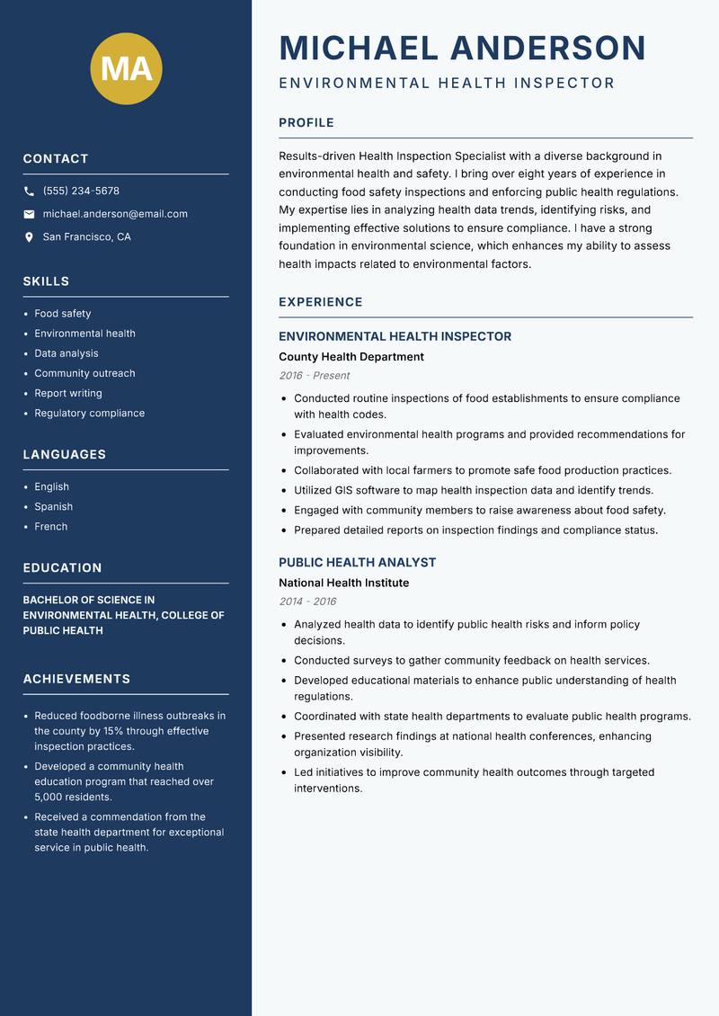 Health Inspection Specialist resume template — Classic Clean