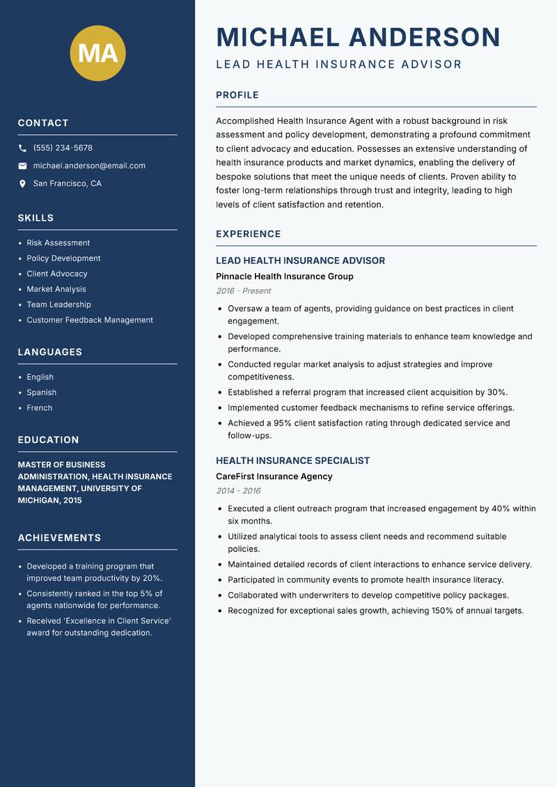 Health Insurance Agent resume template — Classic Clean