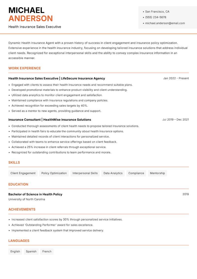 Health Insurance Agent resume template — Modern Professional