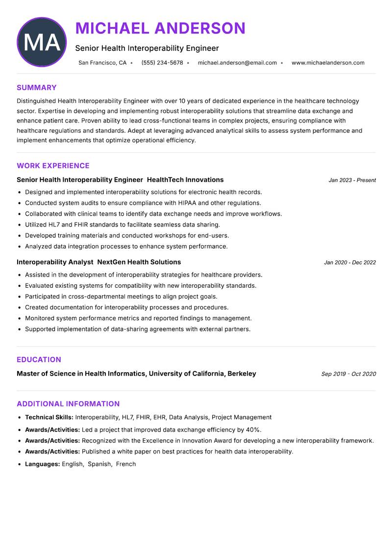 Health Interoperability Engineer resume example — ATS-friendly template