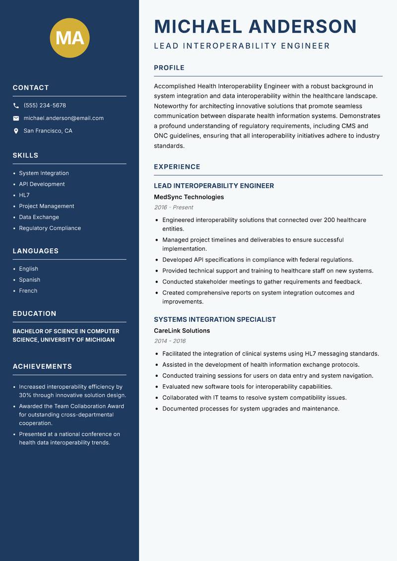 Health Interoperability Engineer resume template — Classic Clean