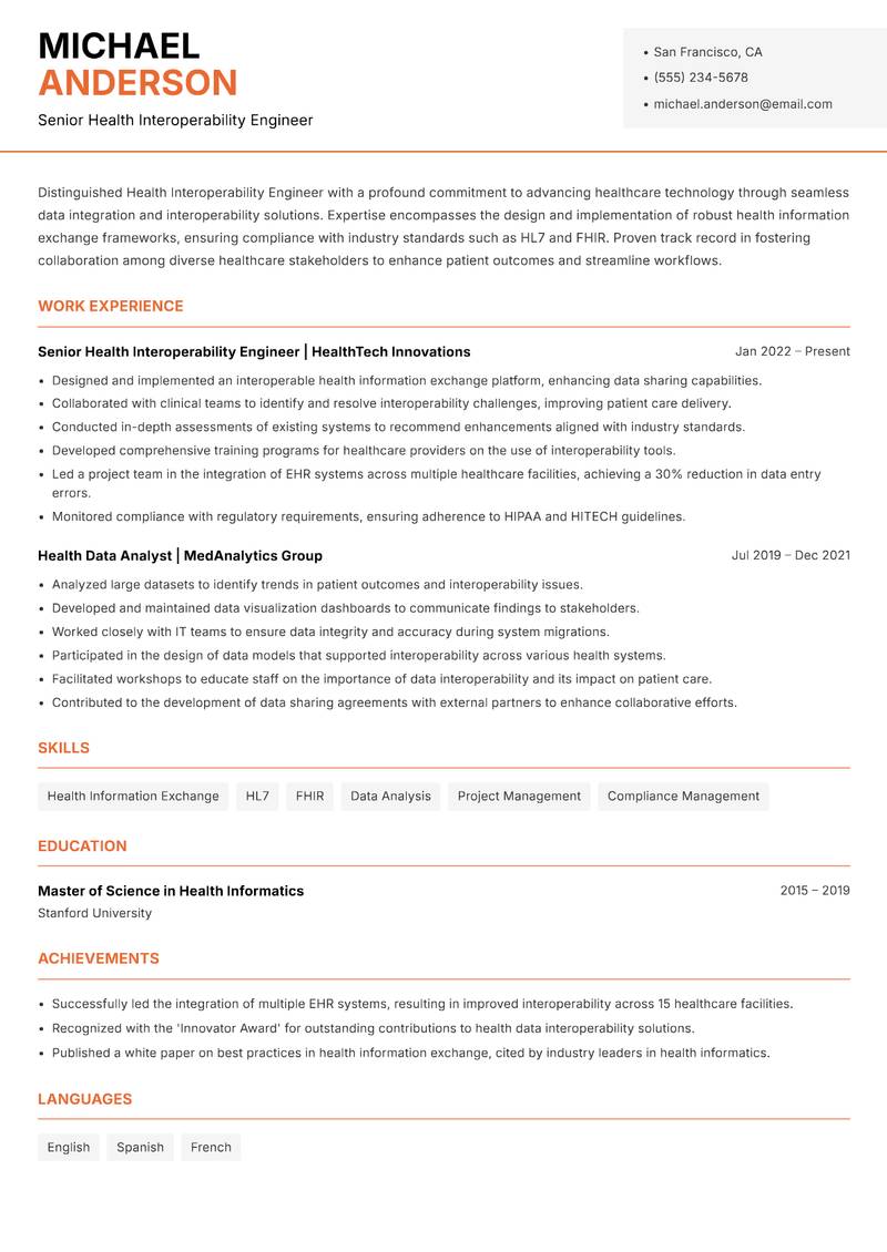 Health Interoperability Engineer resume template — Modern Professional