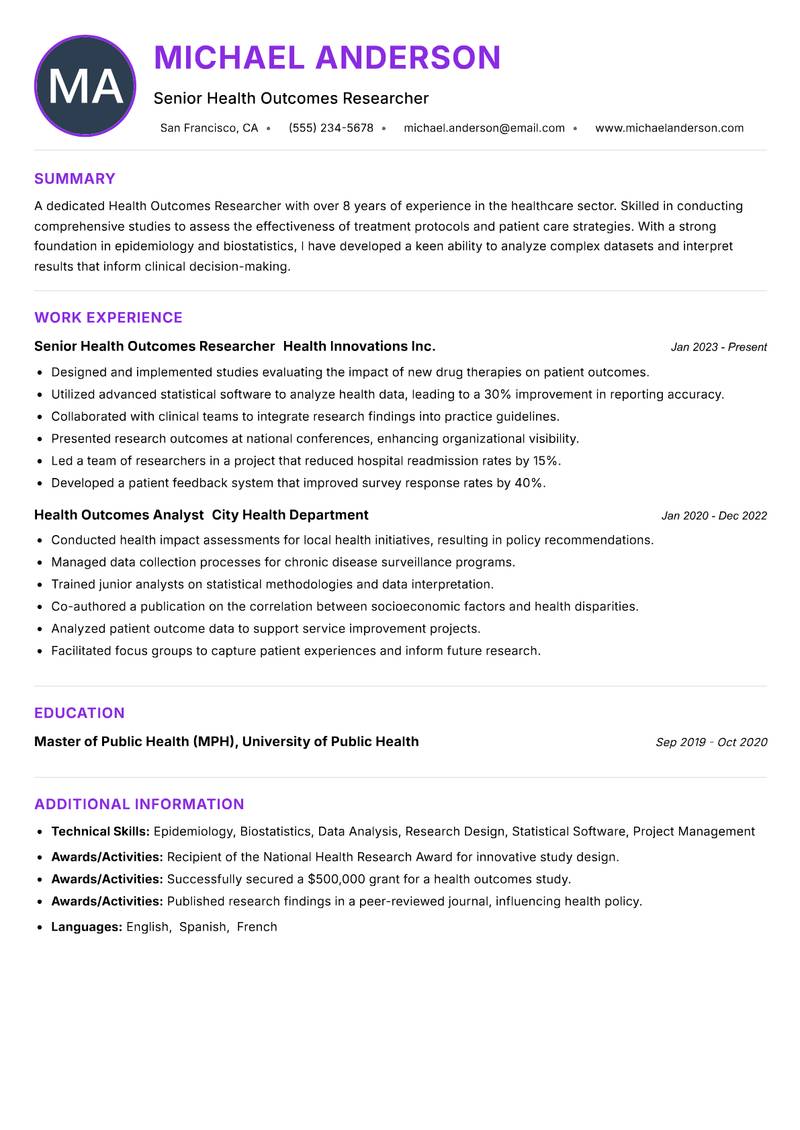 Health Outcomes Researcher resume example — ATS-friendly template