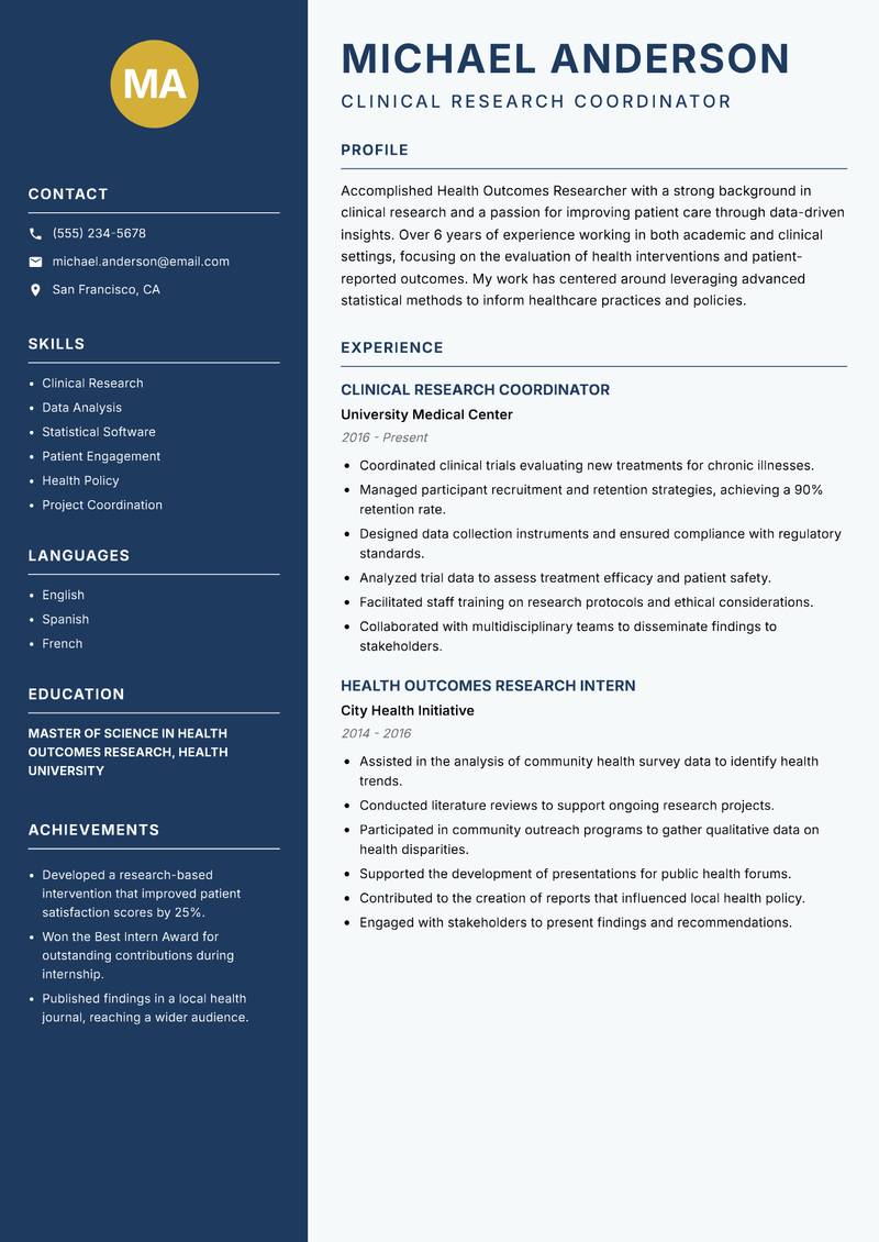 Health Outcomes Researcher resume template — Classic Clean