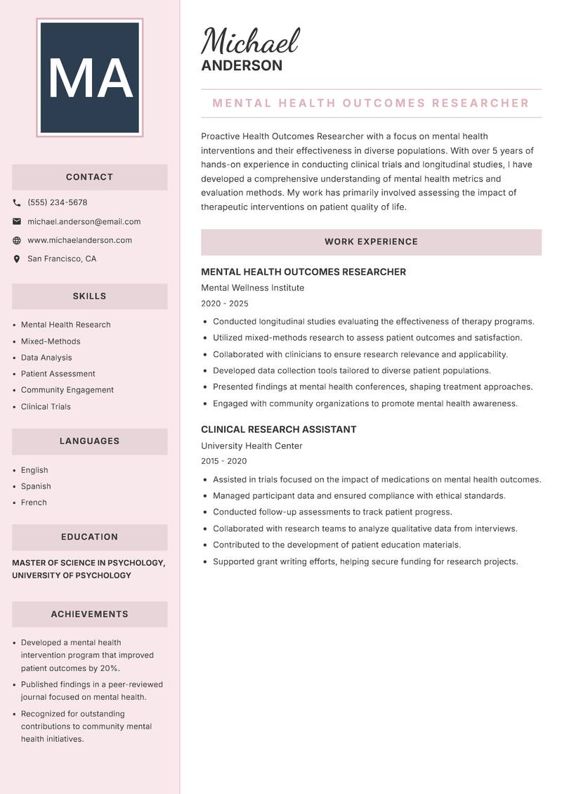 Health Outcomes Researcher resume template — Executive
