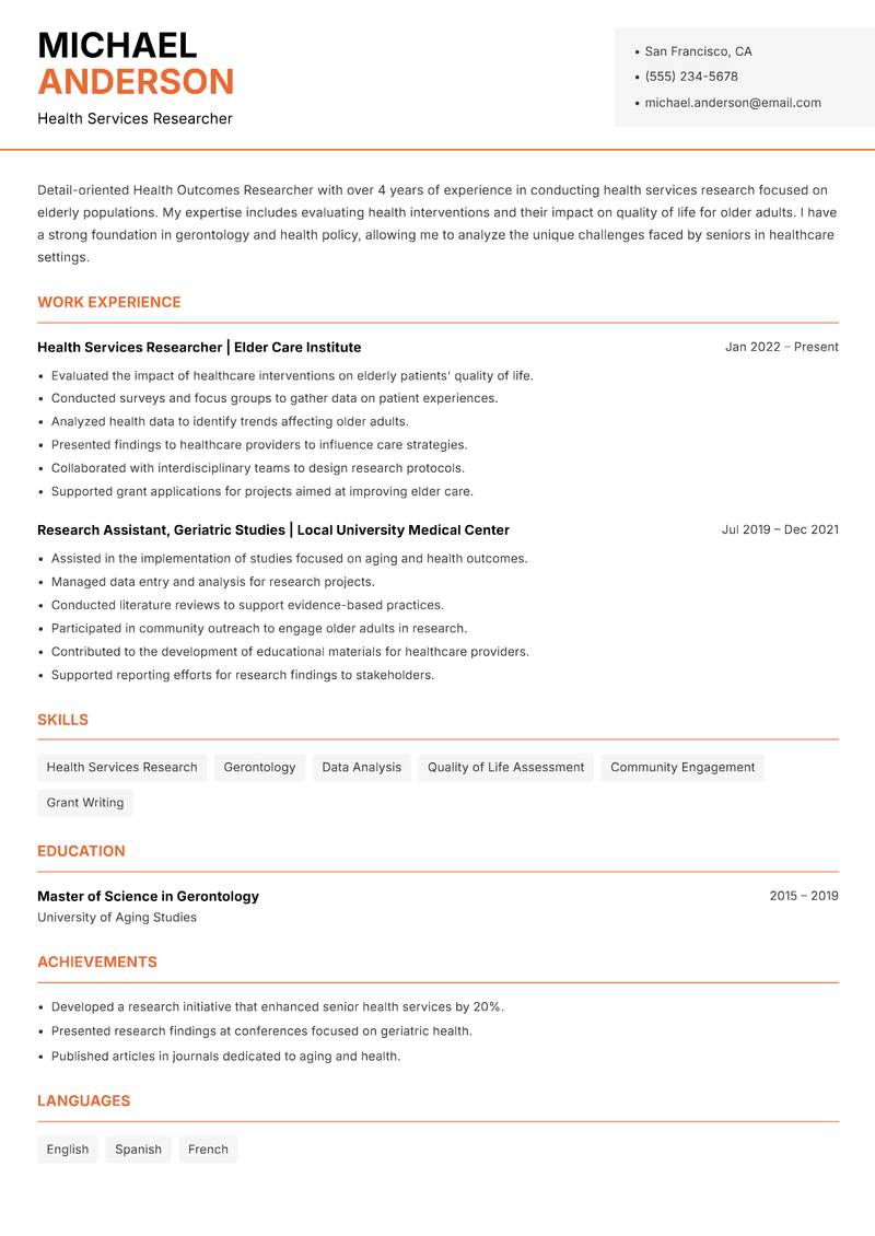 Health Outcomes Researcher resume template — Modern Professional