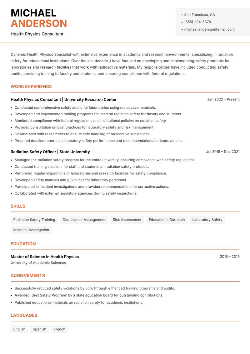 Health Physics Specialist resume template — Modern Professional