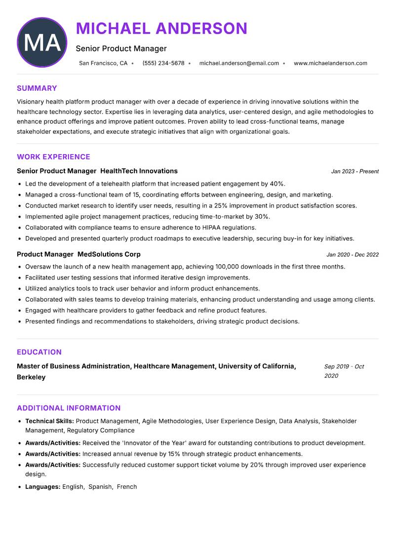 Health Platform Product Manager resume example — ATS-friendly template