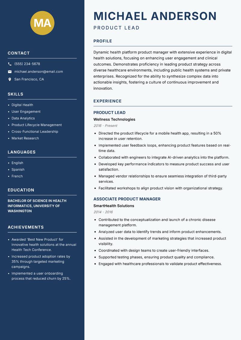 Health Platform Product Manager resume template — Classic Clean