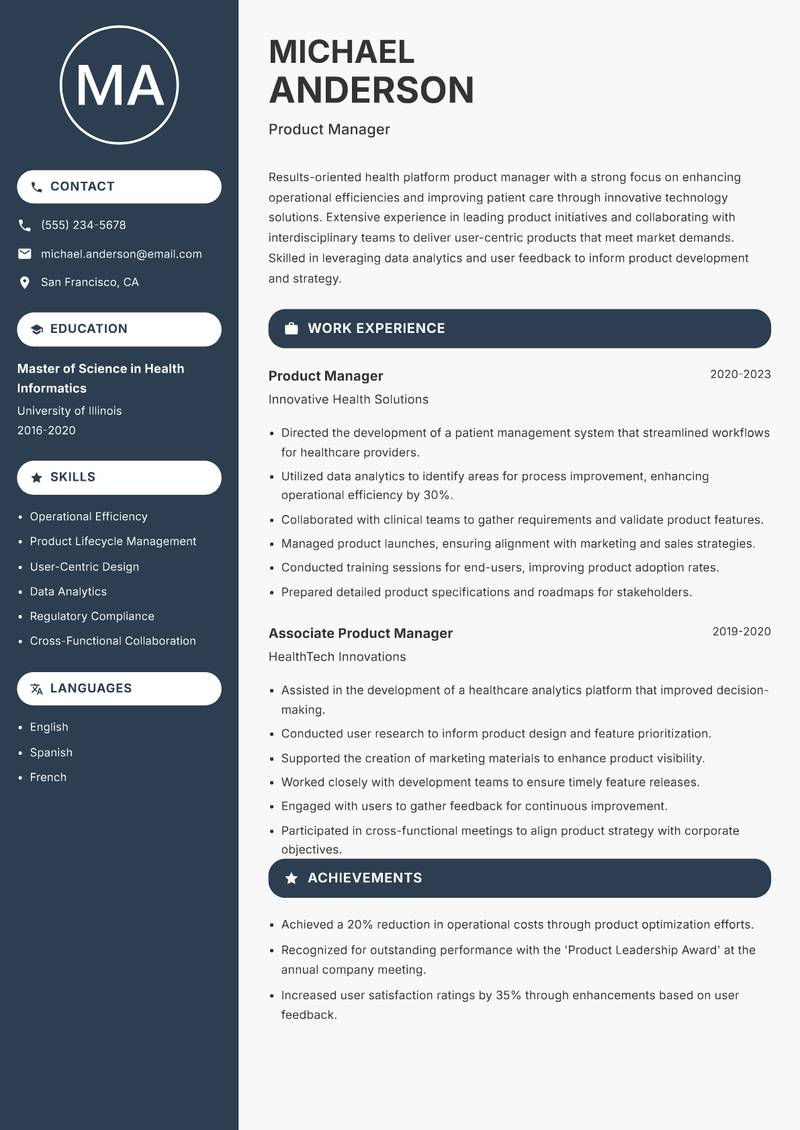 Health Platform Product Manager resume template — Compact