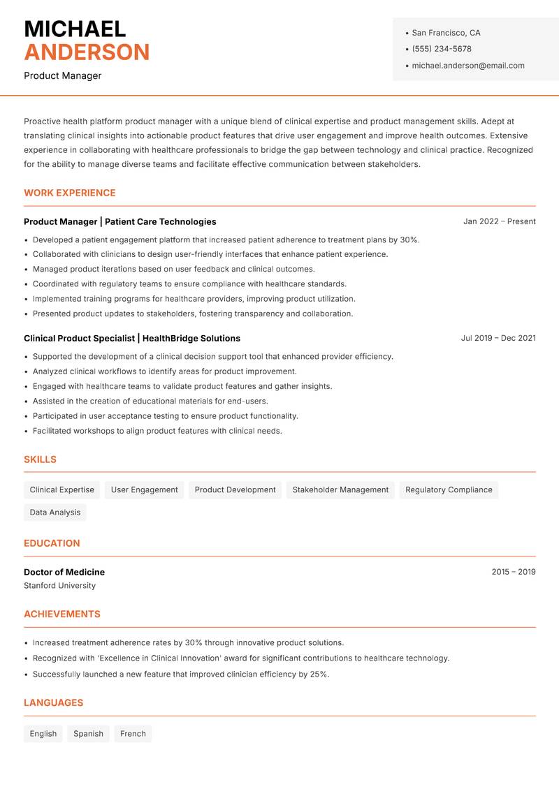 Health Platform Product Manager resume template — Modern Professional