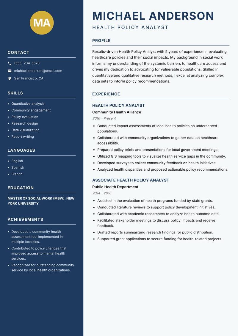 Health Policy Analyst resume template — Classic Clean