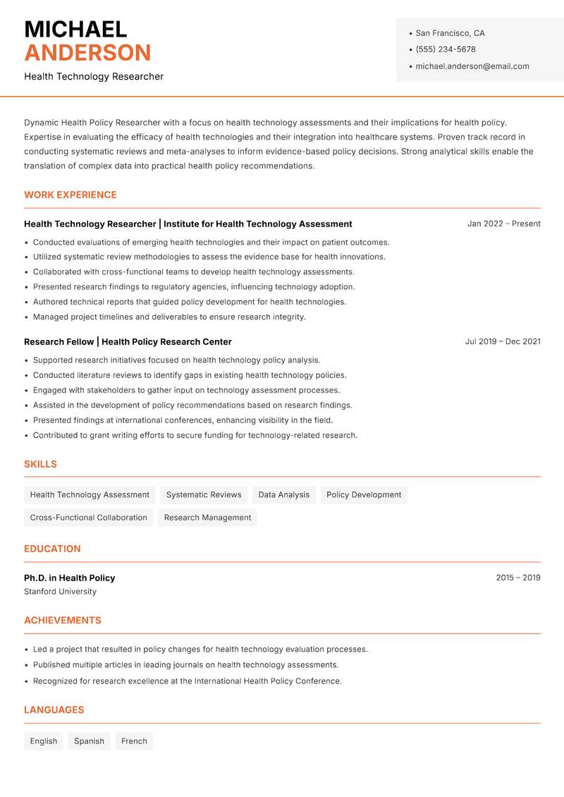 Health Policy Researcher resume template — Modern Professional