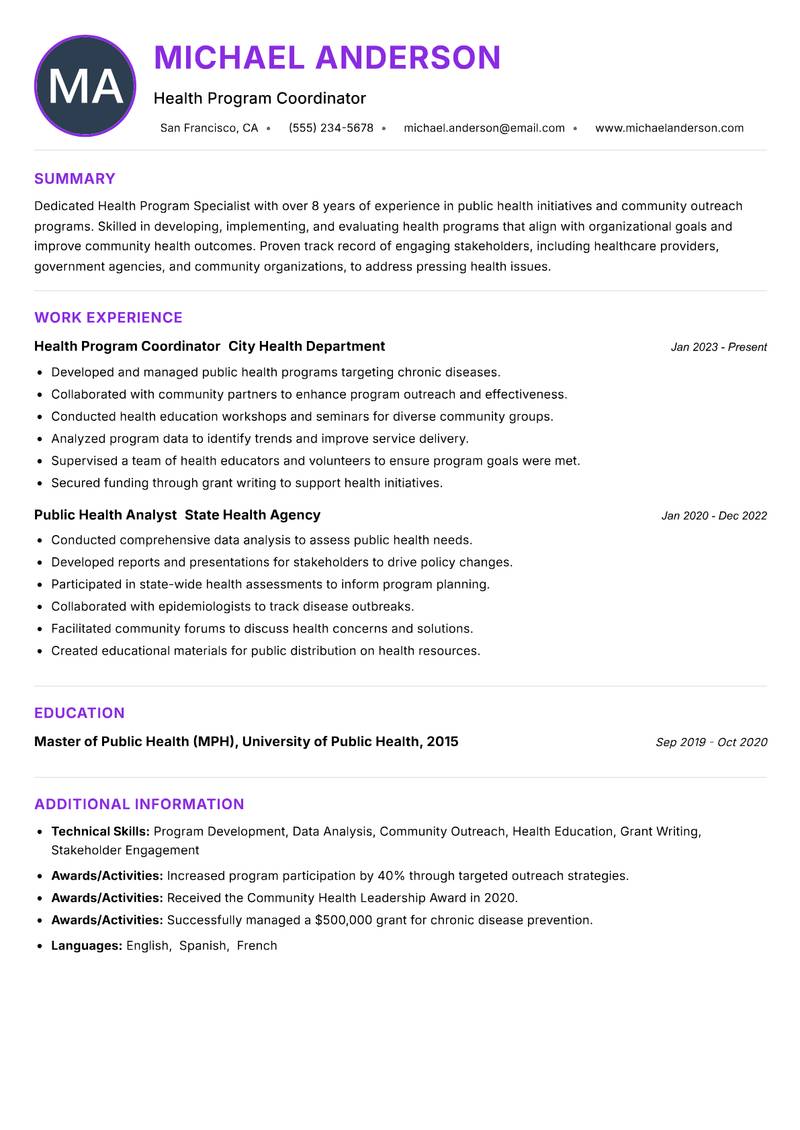 Health Program Specialist resume example — ATS-friendly template