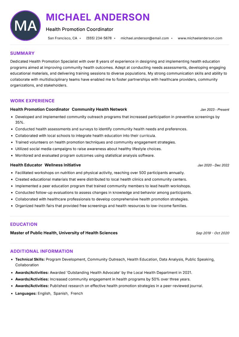 Health Promotion Specialist resume example — ATS-friendly template