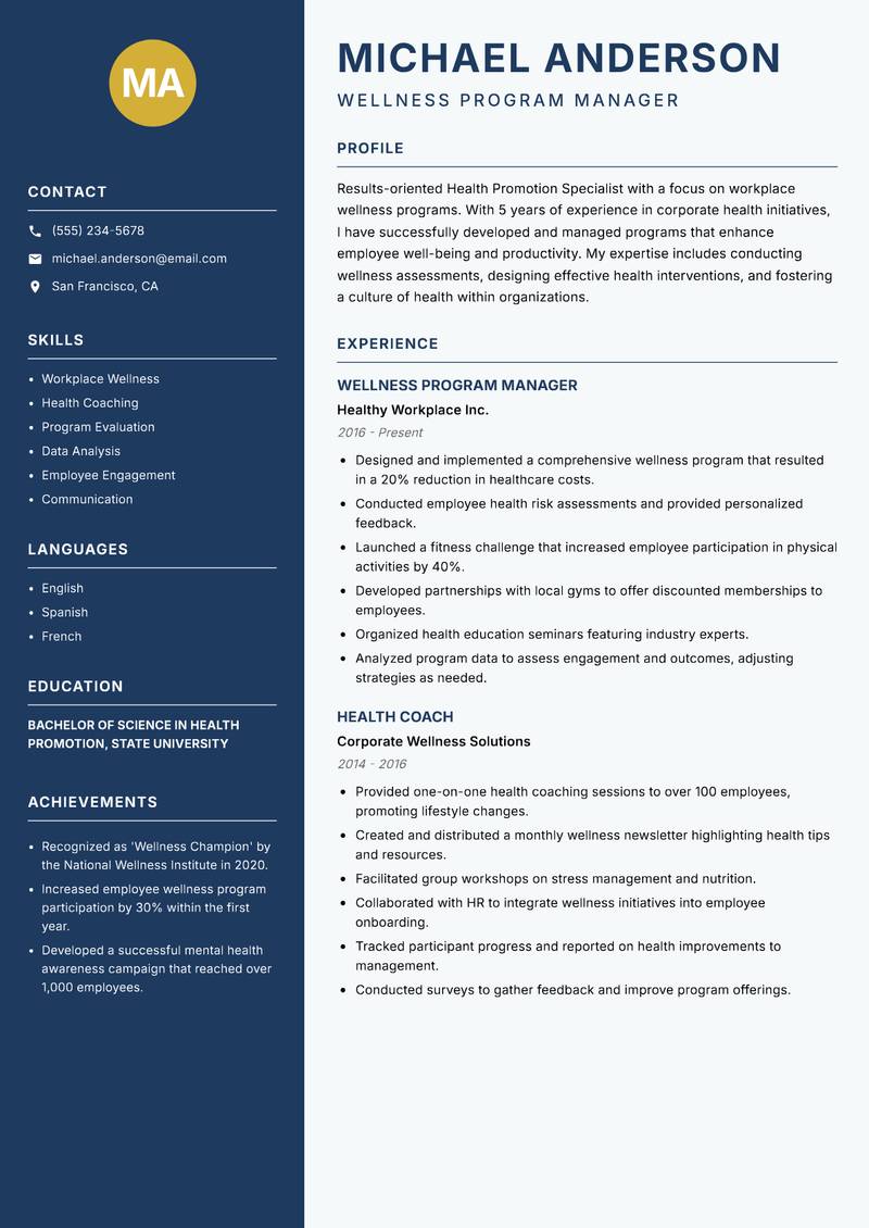 Health Promotion Specialist resume template — Classic Clean