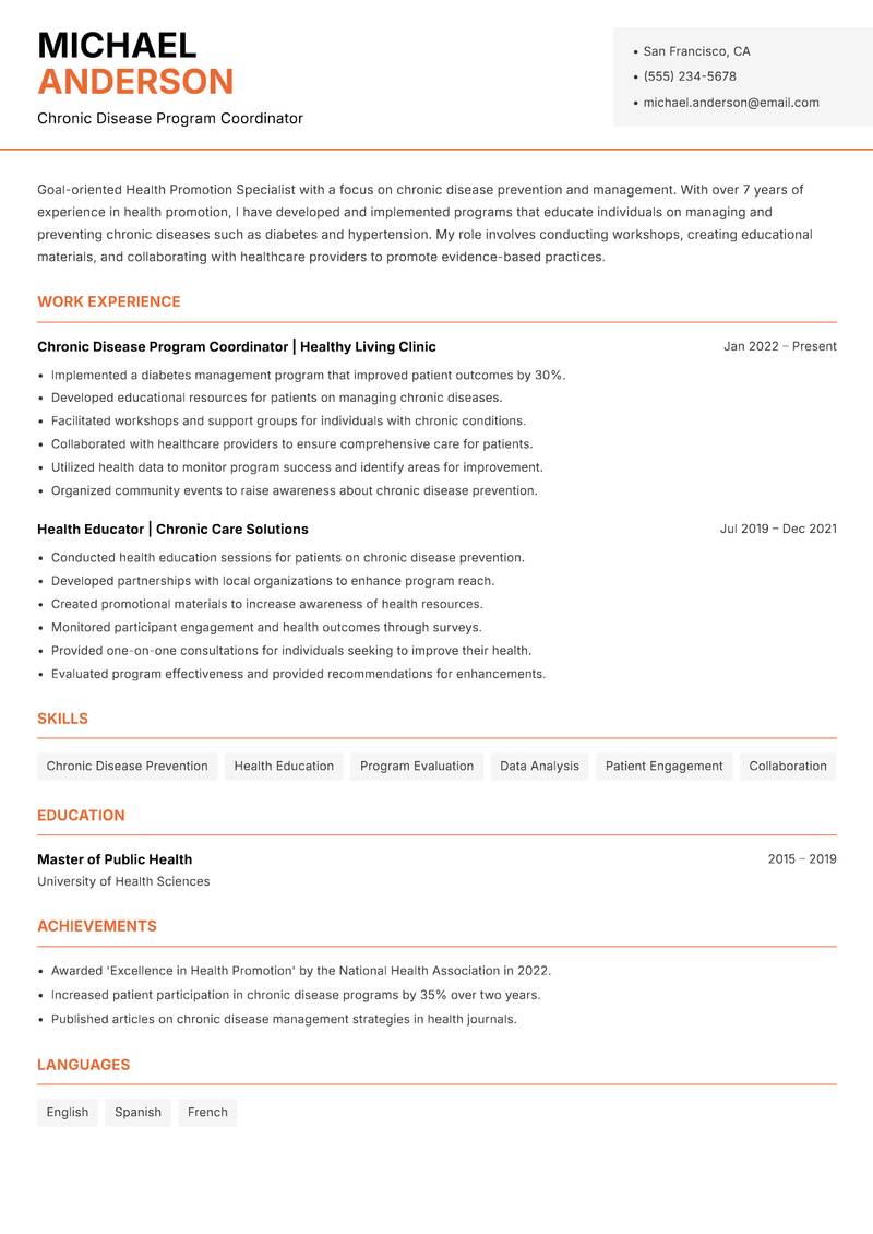 Health Promotion Specialist resume template — Modern Professional