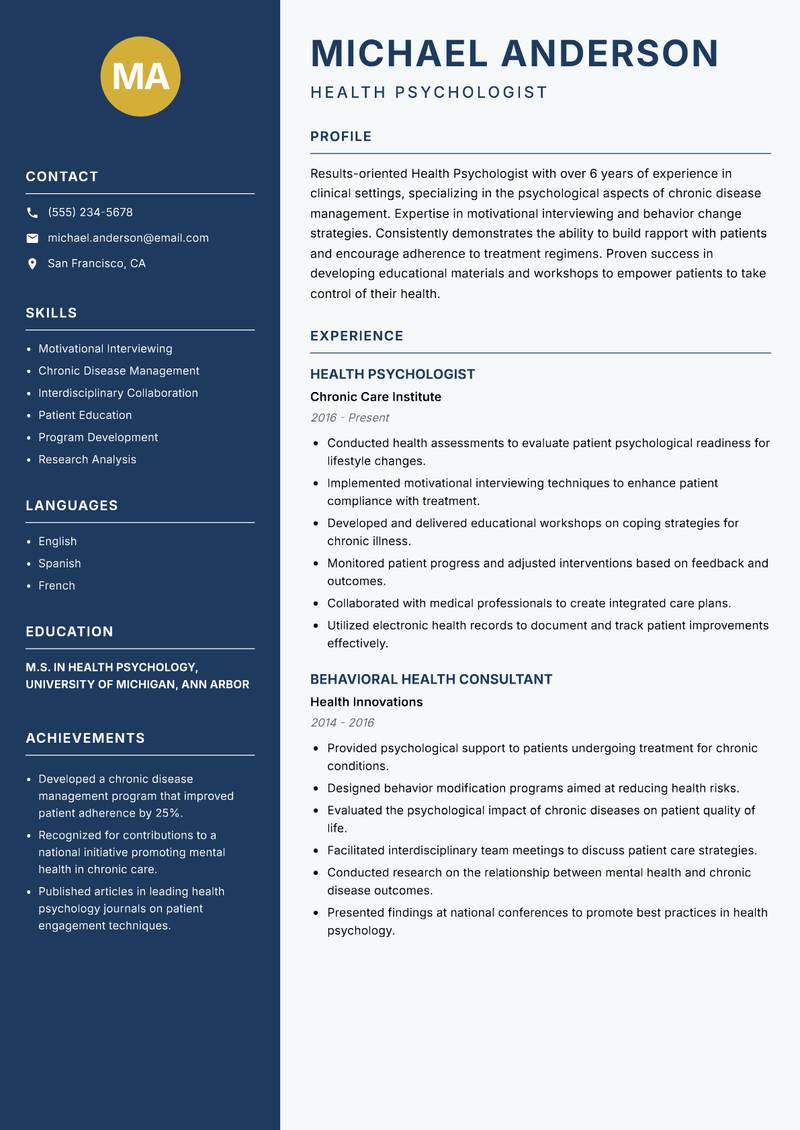 Health Psychologist resume template — Classic Clean