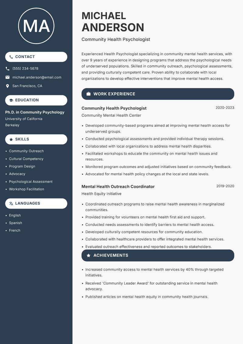 Health Psychologist resume template — Compact