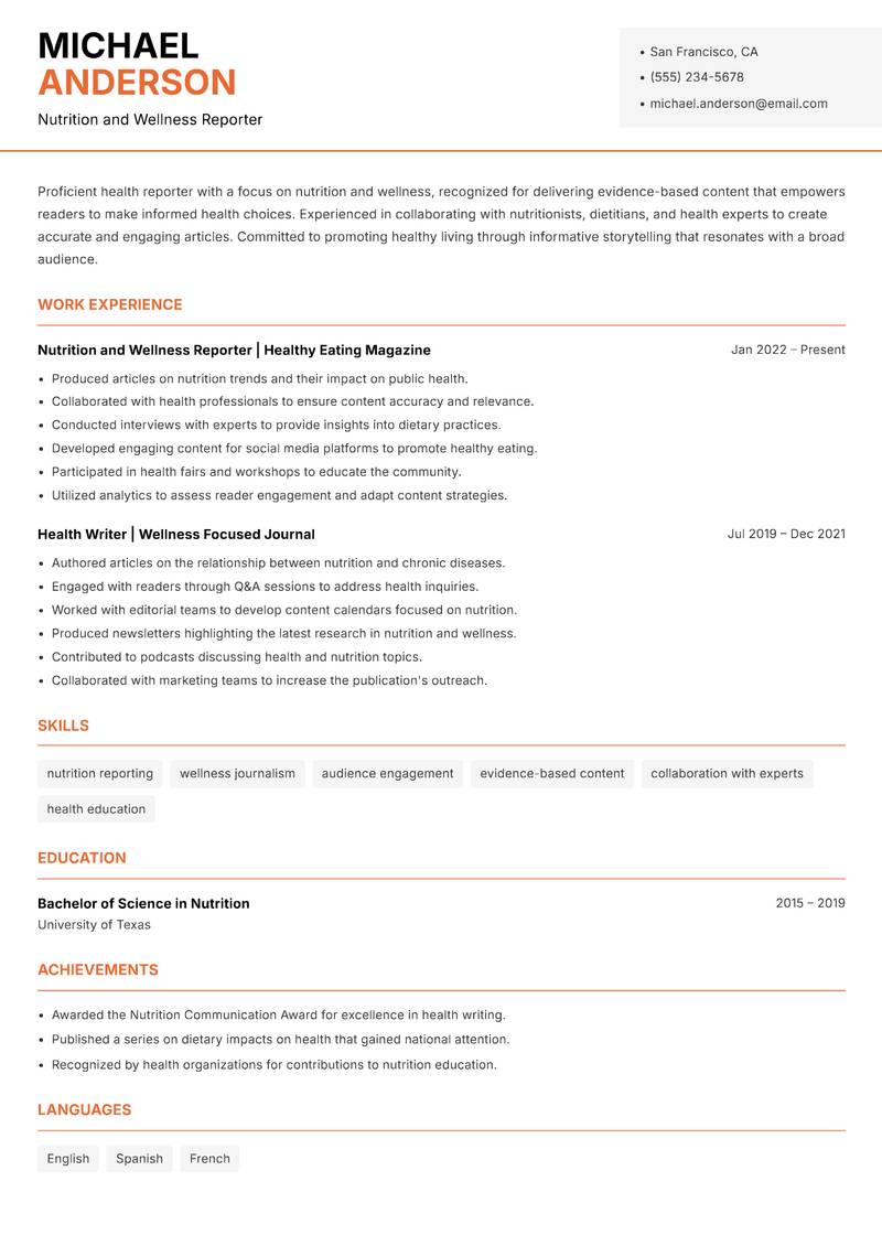 Health Reporter resume template — Modern Professional