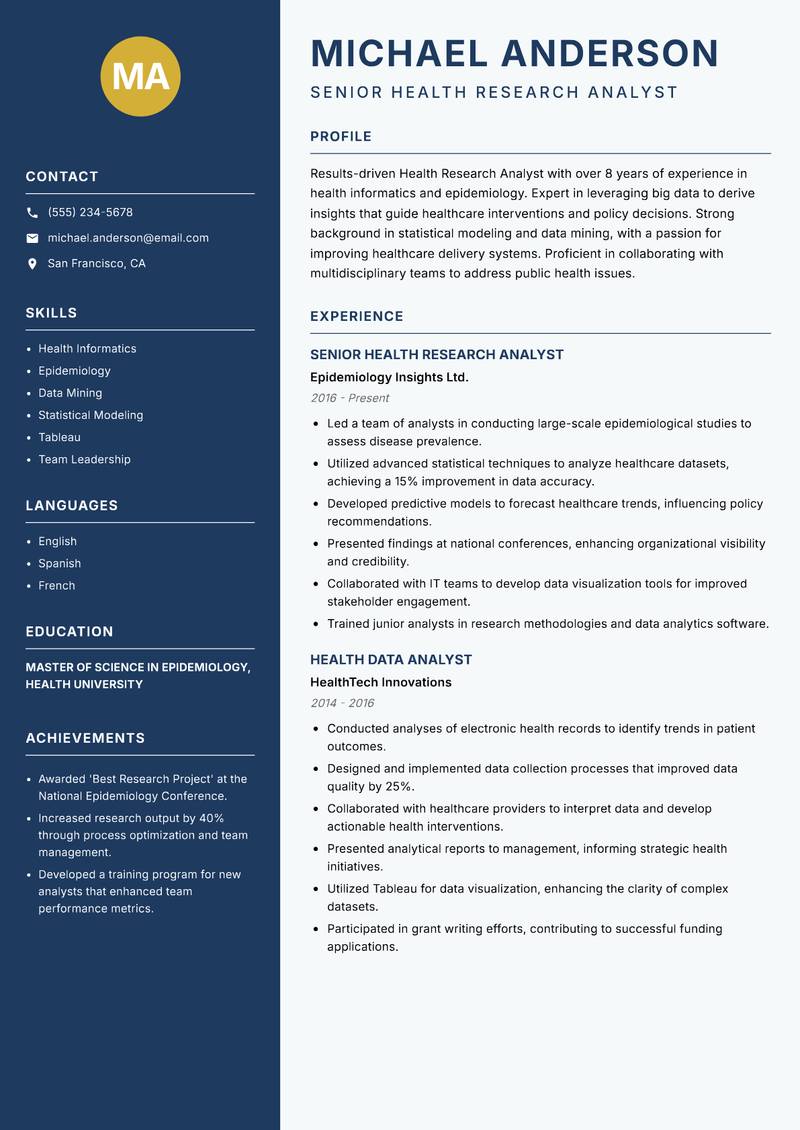 Health Research Analyst resume template — Classic Clean