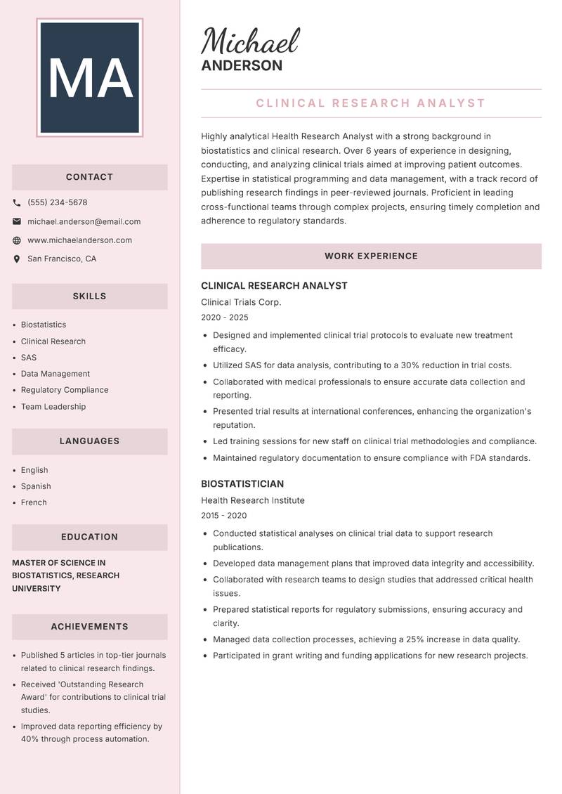 Health Research Analyst resume template — Executive