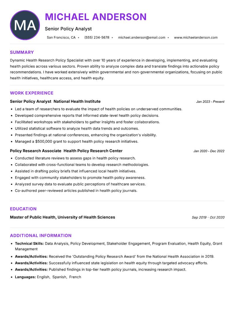 Health Research Policy Specialist resume example — ATS-friendly template