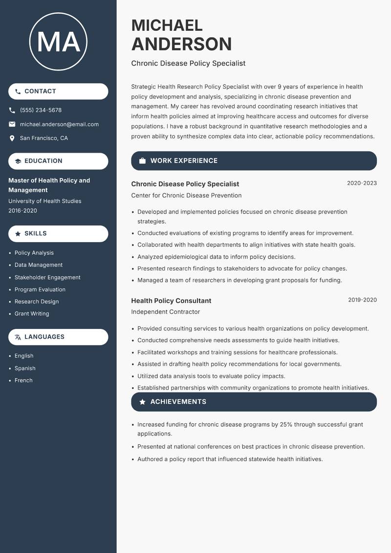 Health Research Policy Specialist resume template — Compact