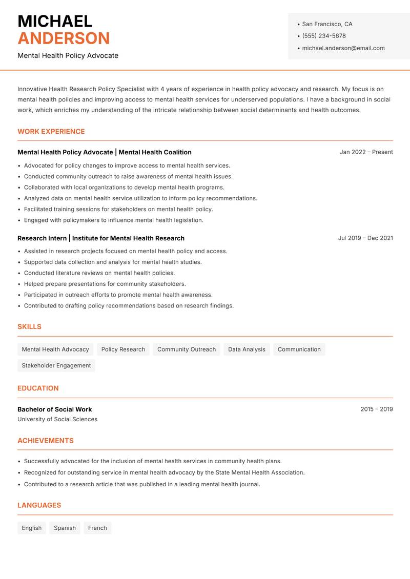 Health Research Policy Specialist resume template — Modern Professional