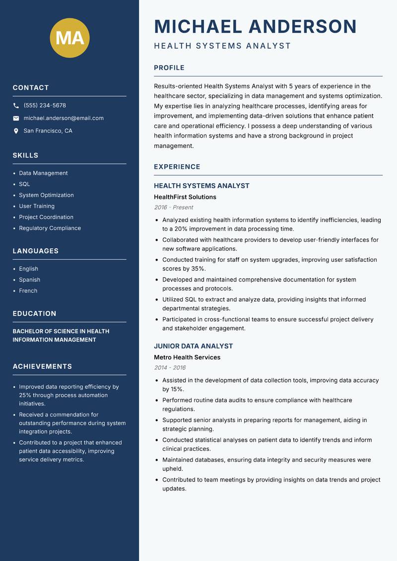 Health Systems Analyst resume template — Classic Clean