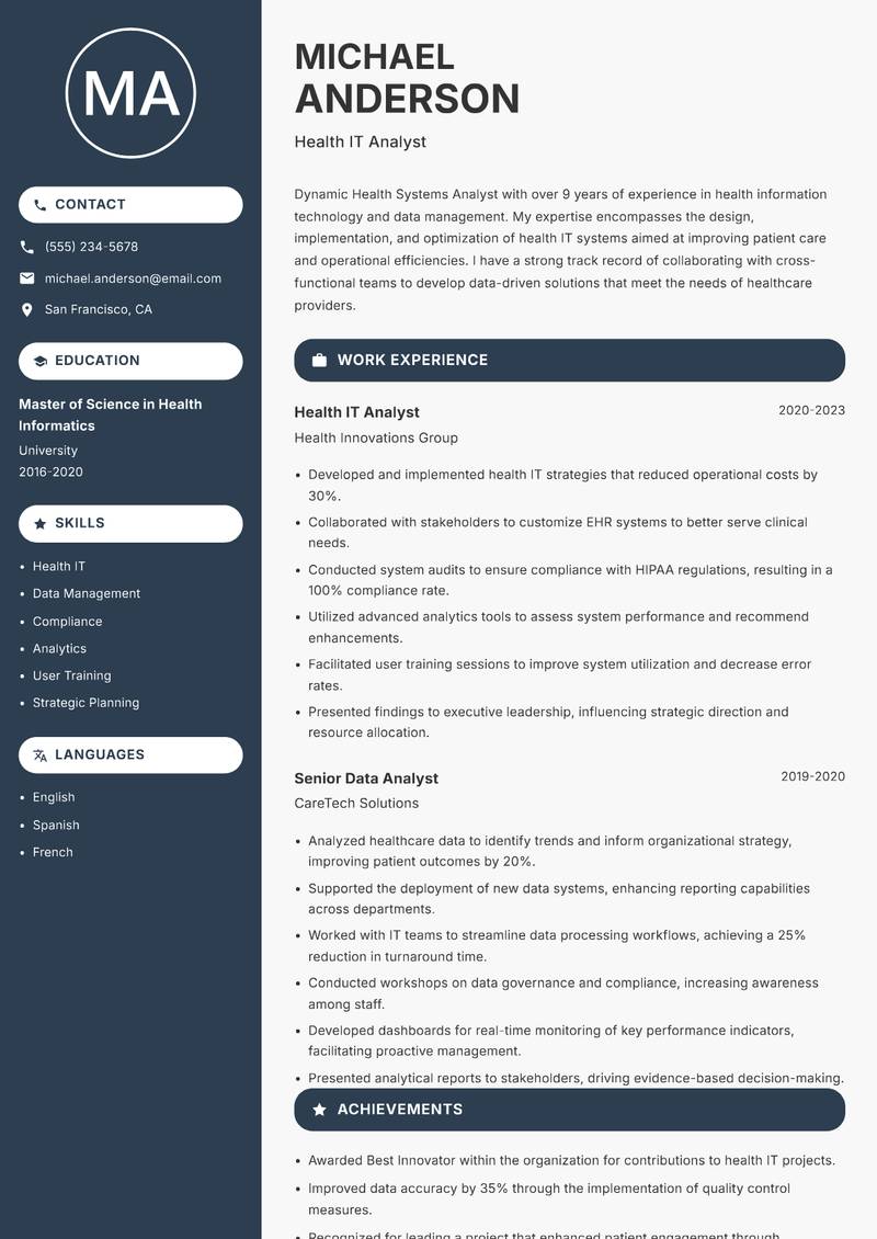 Health Systems Analyst resume template — Compact