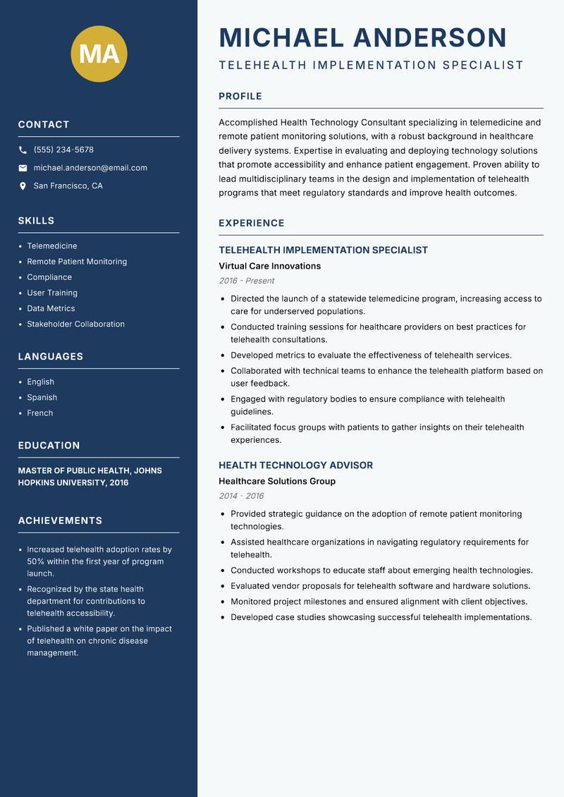 Health Technology Consultant resume template — Classic Clean
