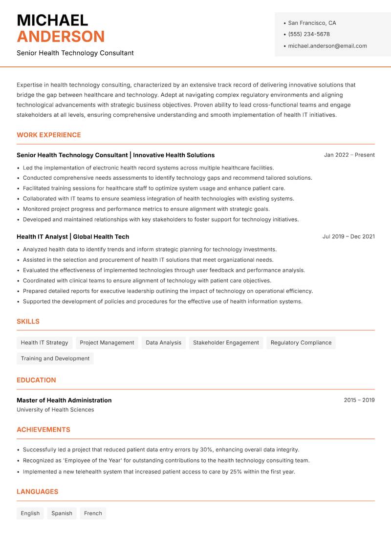 Health Technology Consultant resume template — Modern Professional