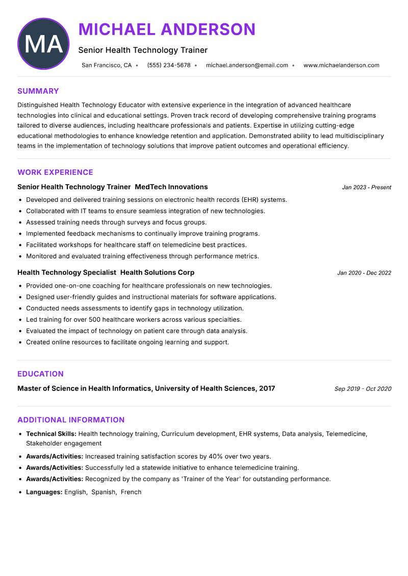 Health Technology Educator resume example — ATS-friendly template