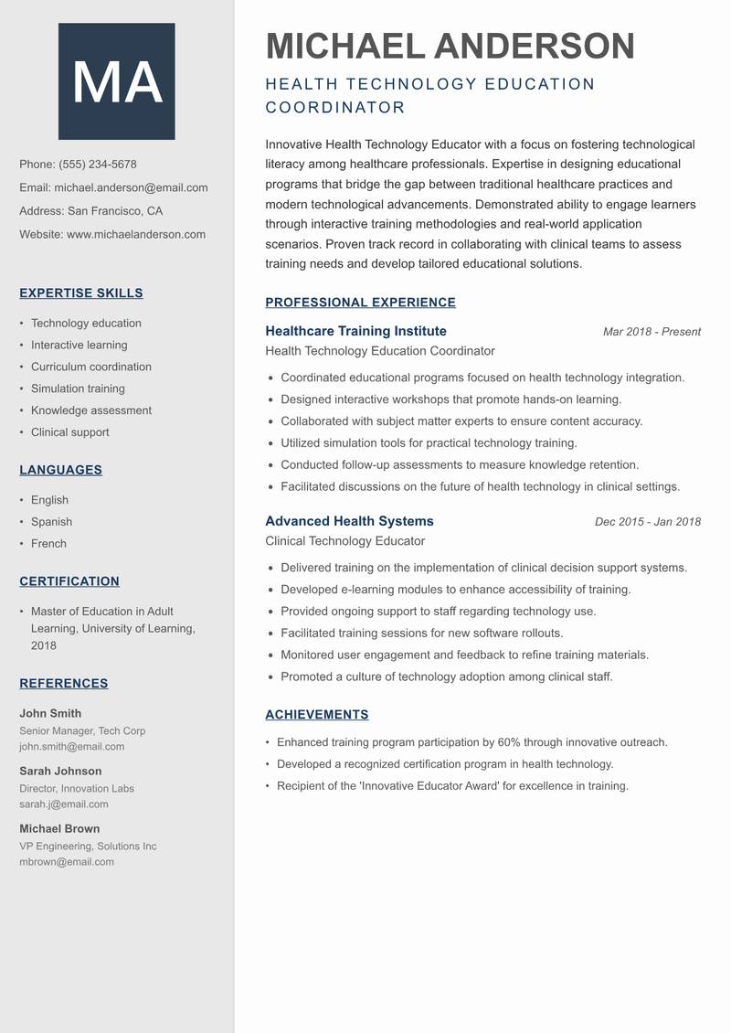 Health Technology Educator resume template — Creative Minimal