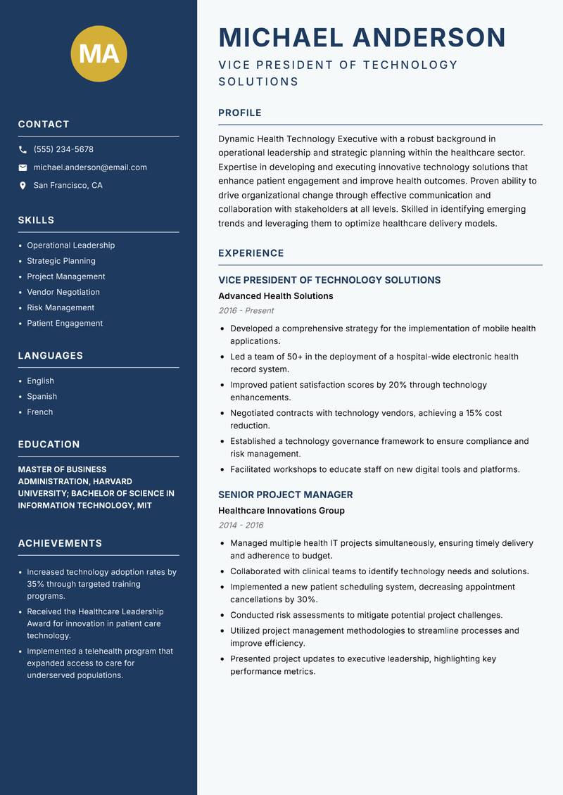 Health Technology Executive resume template — Classic Clean