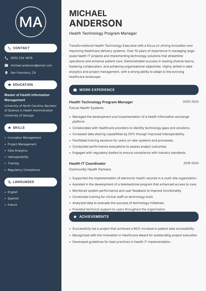 Health Technology Executive resume template — Compact