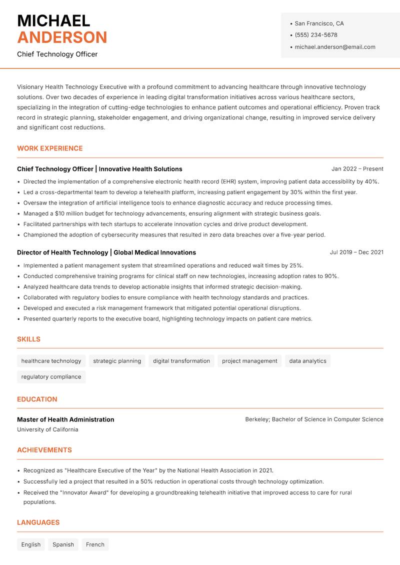 Health Technology Executive resume template — Modern Professional