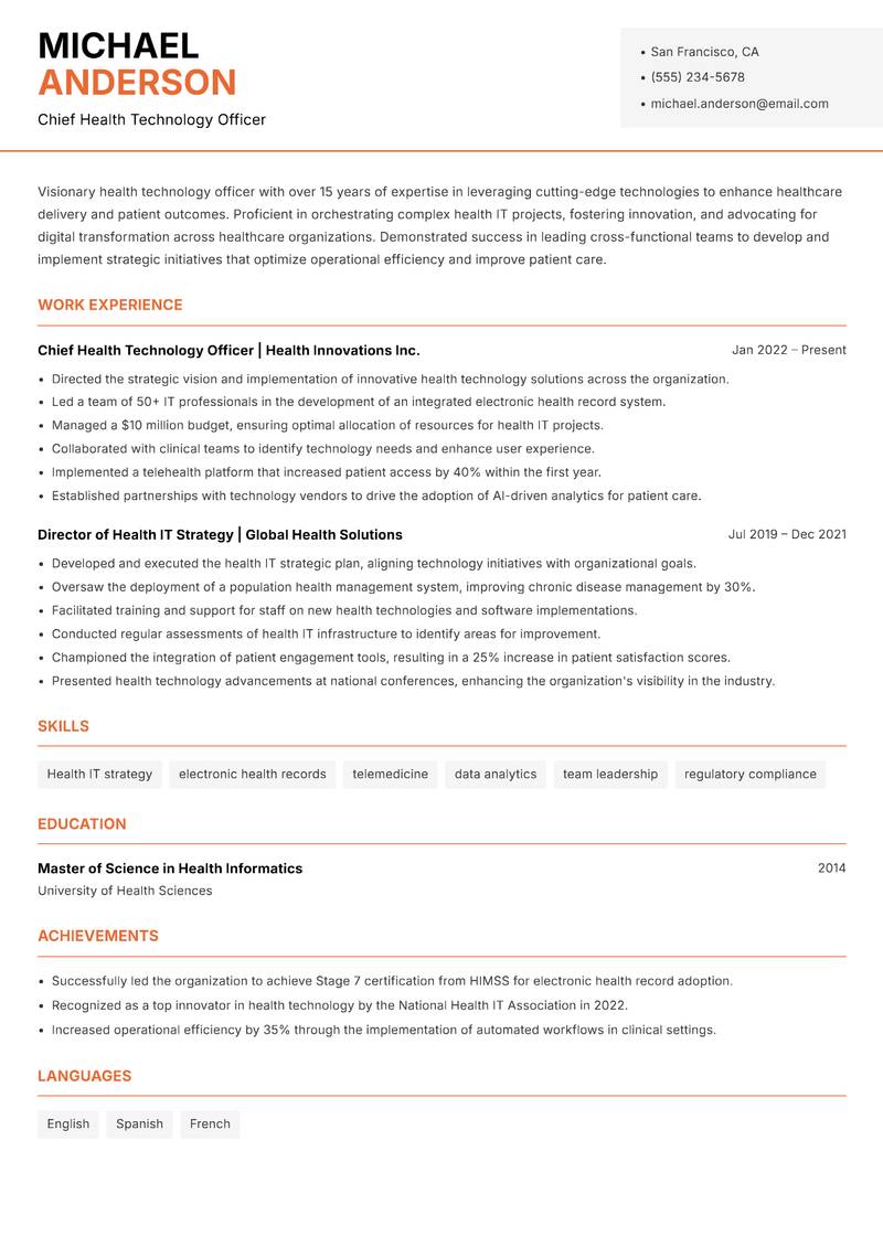 Health Technology Officer resume template — Modern Professional