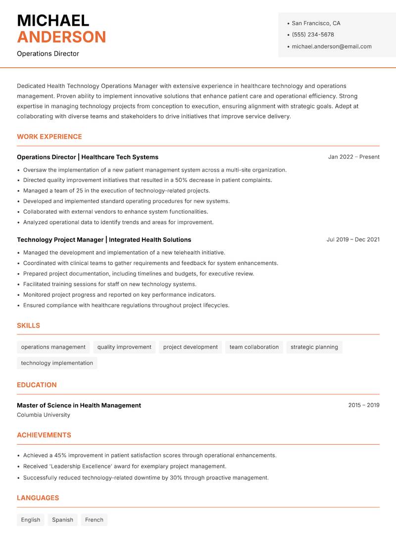Health Technology Operations Manager resume template — Modern Professional