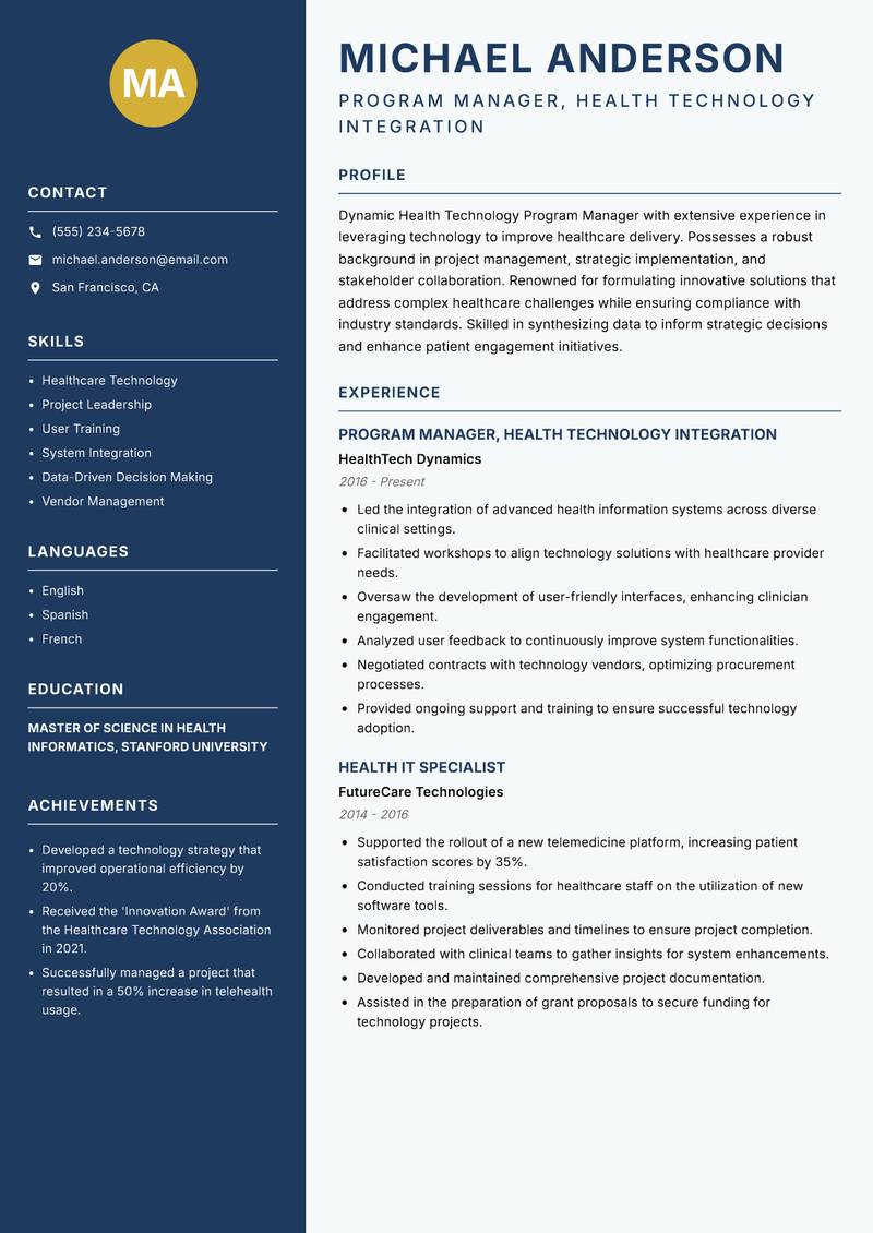 Health Technology Program Manager resume template — Classic Clean