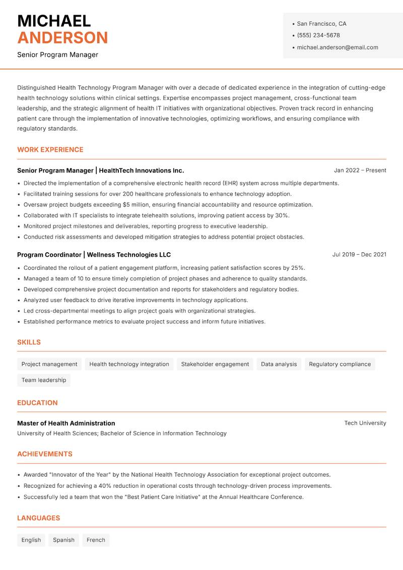 Health Technology Program Manager resume template — Modern Professional