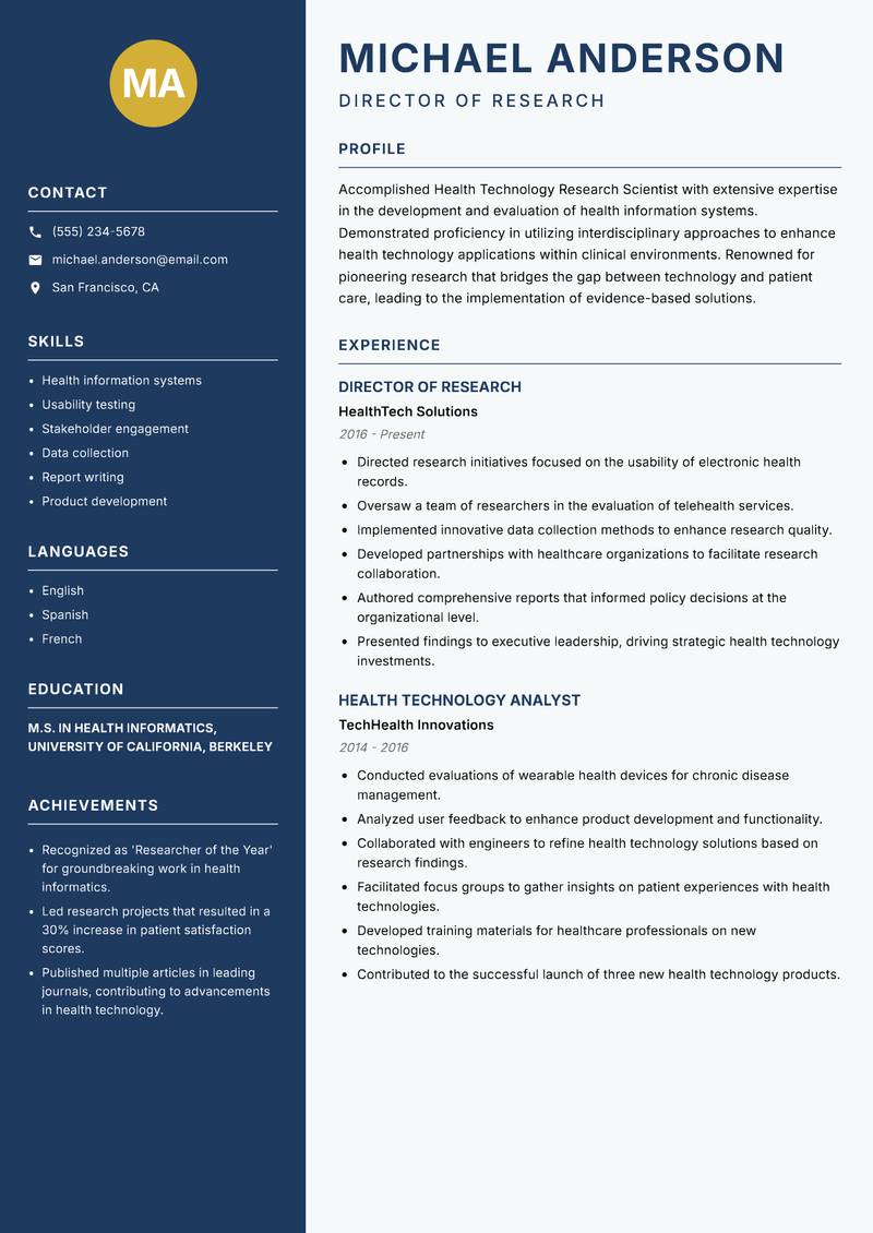 Health Technology Research Scientist resume template — Classic Clean