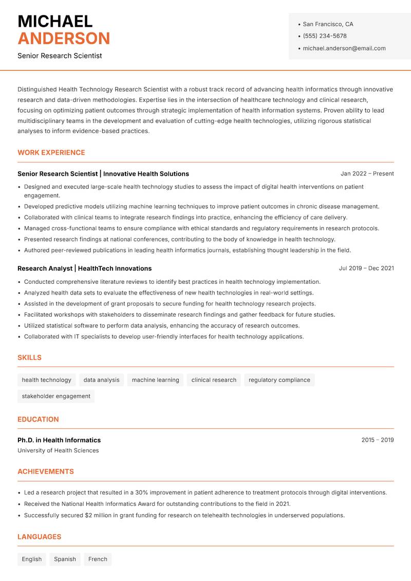 Health Technology Research Scientist resume template — Modern Professional