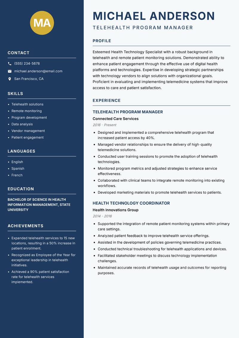 Health Technology Specialist resume template — Classic Clean