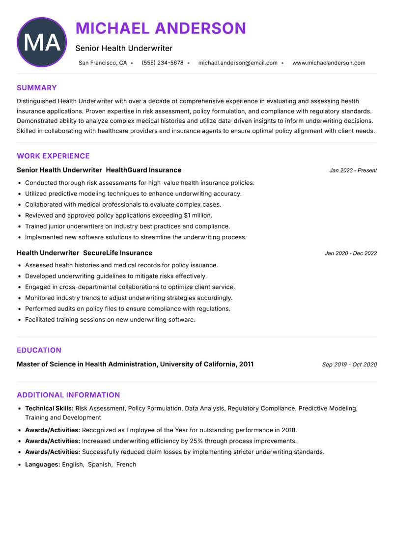 Health Underwriter resume example — ATS-friendly template