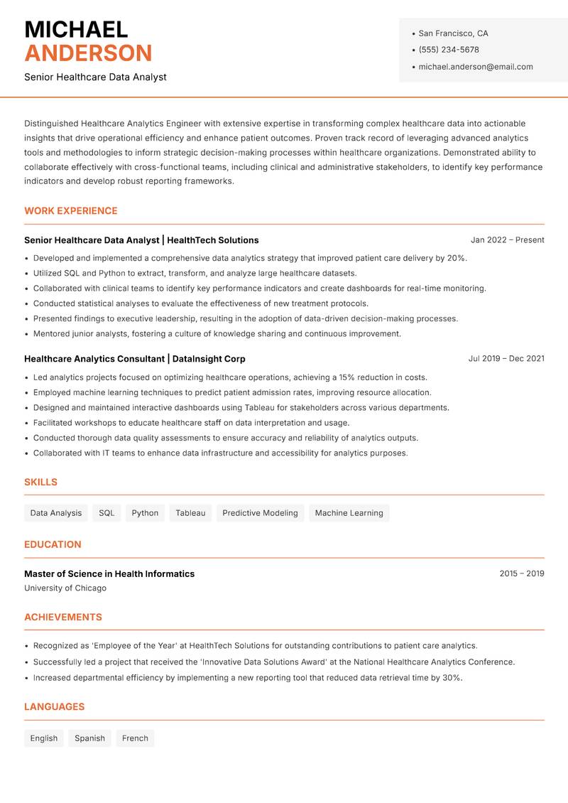 Healthcare Analytics Engineer resume template — Modern Professional